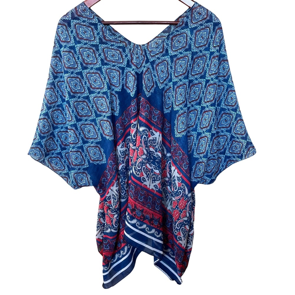 Blue Red Paisley Geometric Kimono Wrap Sheer Batwing Sleeve Beach Coverup
